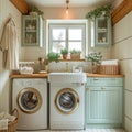 to make laundry look more luxurious, opt for an appliance with two washing machines and one sink