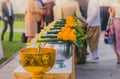 To make merit by offering food to monk ceremony in Thai wedding Royalty Free Stock Photo