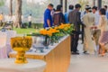 To make merit by offering food to monk ceremony in Thai wedding Royalty Free Stock Photo