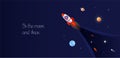 Rocket flies in space against the background of planets and stars. Vector banner.