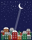 To the moon and back vector illustration. Old town, night sky, stairs to the moon on blue background.