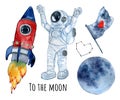 To the moon cosmic watercolor hand drawn set