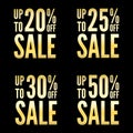 20 to 50 percent off sale signs collection. Discount gold black background set