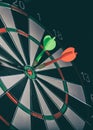 To the point concept. Green and red darts in the bullseye target. Successful missions based in strategy, black background