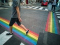 To prepare the gay pride in Paris pedestrian crosswalks were painted in the colors of the rainbow.