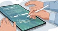 To sign a digital document on a tablet. The document is titled Royalty Free Stock Photo