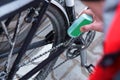 to take care of the bike, maintenance of the Bicycle, to lubricate parts and clean Royalty Free Stock Photo