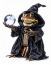 Toad in Black Wizard Costume Holding Crystal Ball on White Background Royalty Free Stock Photo