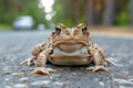 Toad crossing road to spawning ground, mating season of amphibian animal, wildlife in danger, migration in spring Royalty Free Stock Photo