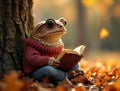 Autumn toad reading under an oak tree Royalty Free Stock Photo