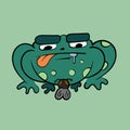 The toad licks his lips looking at the fly. Vintage toons: funny character, vector illustration trendy classic retro