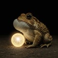 A toad, possibly from the family Bufonidae, sits beside a glowing sphere on a dark Royalty Free Stock Photo