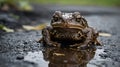 Toad Resting by a Puddle After a Rainstorm, with Water Droplets on Its Skin Royalty Free Stock Photo