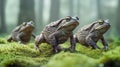 Toads walking over moss at a pond created with Generative AI. Two amphibians. Royalty Free Stock Photo