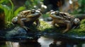 Toads walking over moss at a pond created with Generative AI. Two amphibians. Royalty Free Stock Photo
