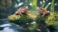 Toads walking over moss at a pond created with Generative AI. Two amphibians. Royalty Free Stock Photo