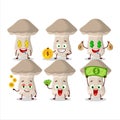 Toadstool cartoon character with cute emoticon bring money