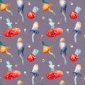 Toadstool and fly agaric watercolor seamless pattern isolated on purple.