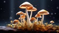 Toadstool mushrooms on bokeh background, fantasy forest picture. Generative AI