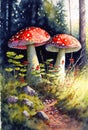 Toadstool, mushrooms in red with white spots, forest landscape Royalty Free Stock Photo
