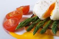 Toast with asparagus, egg Benedict and tomatoes macro. Royalty Free Stock Photo