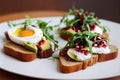 Toast with avocado, boiled egg and red pomegranate seeds