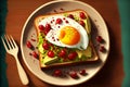 toast with avocado, boiled egg and red pomegranate seeds