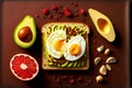 toast with avocado, boiled egg and red pomegranate seeds
