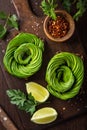 Toast with avocado roses on wooden cutting board