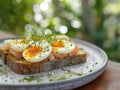 Toast with boiled eggs and smoked salmon, served outdoors. Traditional food for midsummer celebration. Generative AI