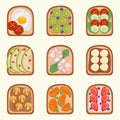 Toast breackfast vector illustration. Toasted sandwiches collection.Toasts with different ingredients Top View.