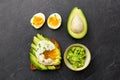 Toast bread with avocado, pouched egg and greens