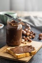 Toast bread with hazelnut spread. Sweet chocolate cream Royalty Free Stock Photo