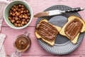 Toast bread with hazelnut spread. Sweet chocolate cream Royalty Free Stock Photo