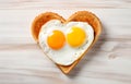 toast bread heart shape filled with fried egg and smile with ketchup on white wooden table top view Royalty Free Stock Photo