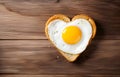 toast bread heart shape filled with fried egg and smile with ketchup on white wooden table top view Royalty Free Stock Photo