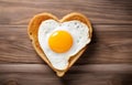 toast bread heart shape filled with fried egg and smile with ketchup on white wooden table top view Royalty Free Stock Photo