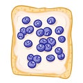 Toast bread isolated icon on white background. Sandwich with white icing spread butter and blueberry doodle. Breakfast food. Flat