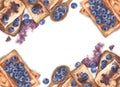 Toast bread with jam, waffles and fresh blueberries. Watercolor illustration Royalty Free Stock Photo