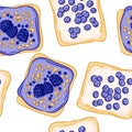 Toast bread sandwiches comic style seamless border pattern. Sandwiches with berries blueberries and blackberries with a white