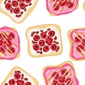 Toast bread sandwiches comic style seamless border pattern. Sandwiches with raspberries and garnet seeds wallpaper. Breakfast food