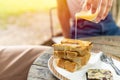 Toast bread topped with sweetened condensed milk unhealthy fat food Royalty Free Stock Photo