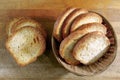 Toast bread in wicker basket on old wooden table Royalty Free Stock Photo