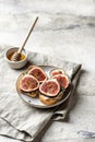 Toast bruschetta with ricotta cheese and figs topped with honey, text space Royalty Free Stock Photo