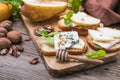 Toast or canape  with goat cheese, basil, honey, nuts.  Delicious appetizer, ideal as an aperitif Royalty Free Stock Photo