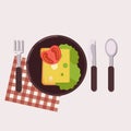 Toast with cheese, butter, tomato and green salad served on a plate with fork, knife, spoon and napkin. Healthy food. Vector