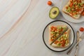 Toast with cream cheese, avocado and cherry tomatoes. Healthy food. Copy space