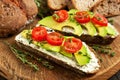 Toast with cream cheese, avocado and cherry tomatoes Royalty Free Stock Photo