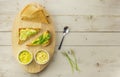 Toast with curried chicken salad and egg and chive salad Royalty Free Stock Photo