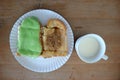 Toast with custard topping and milk Royalty Free Stock Photo